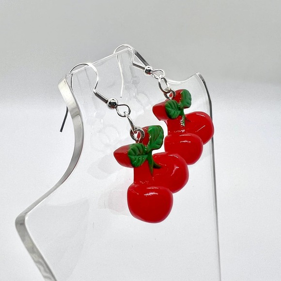 Cherry Earrings - Fruit Earrings - Red Cherries Summer Earrings - Picture 3 of 8